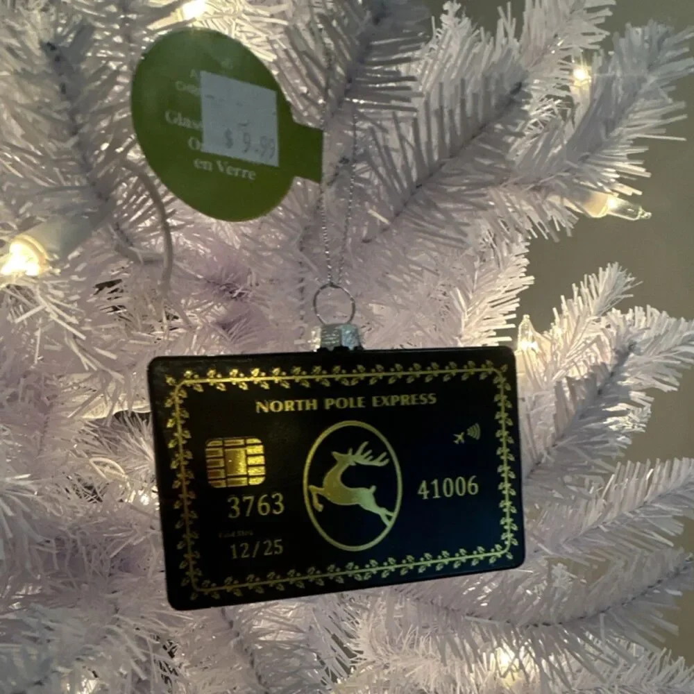 North Pole Express Glass Christmas Ornament Credit Card Black Gold Hanging